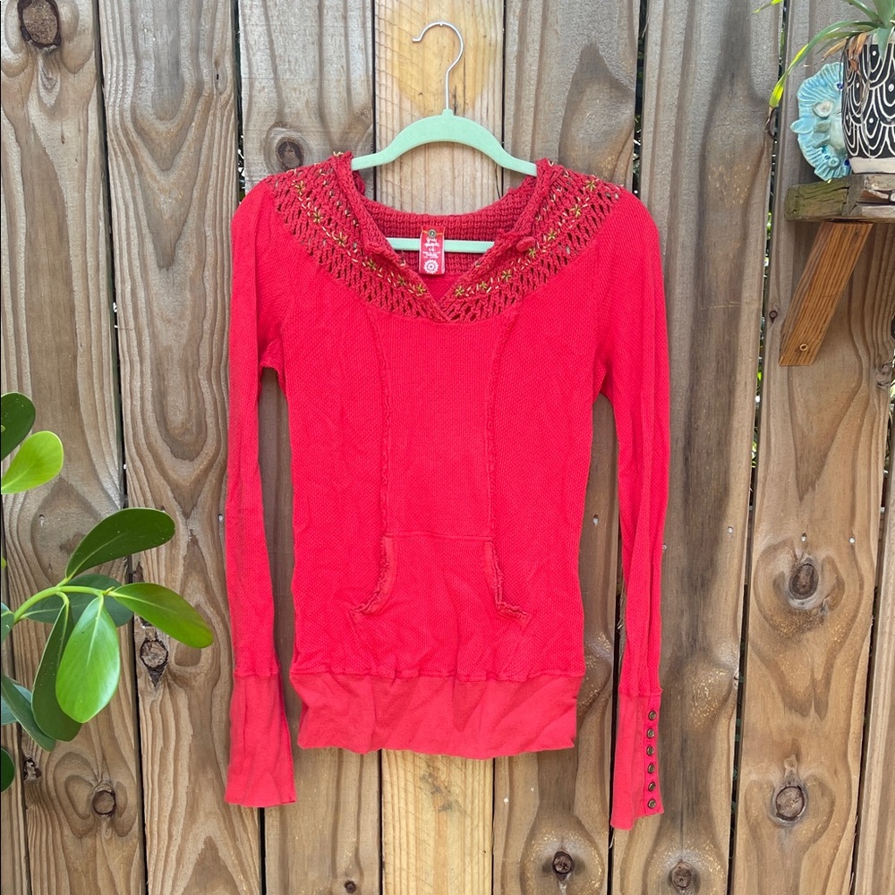 Free People LG Red Knit Sweater Hoodie with Crochet Detail